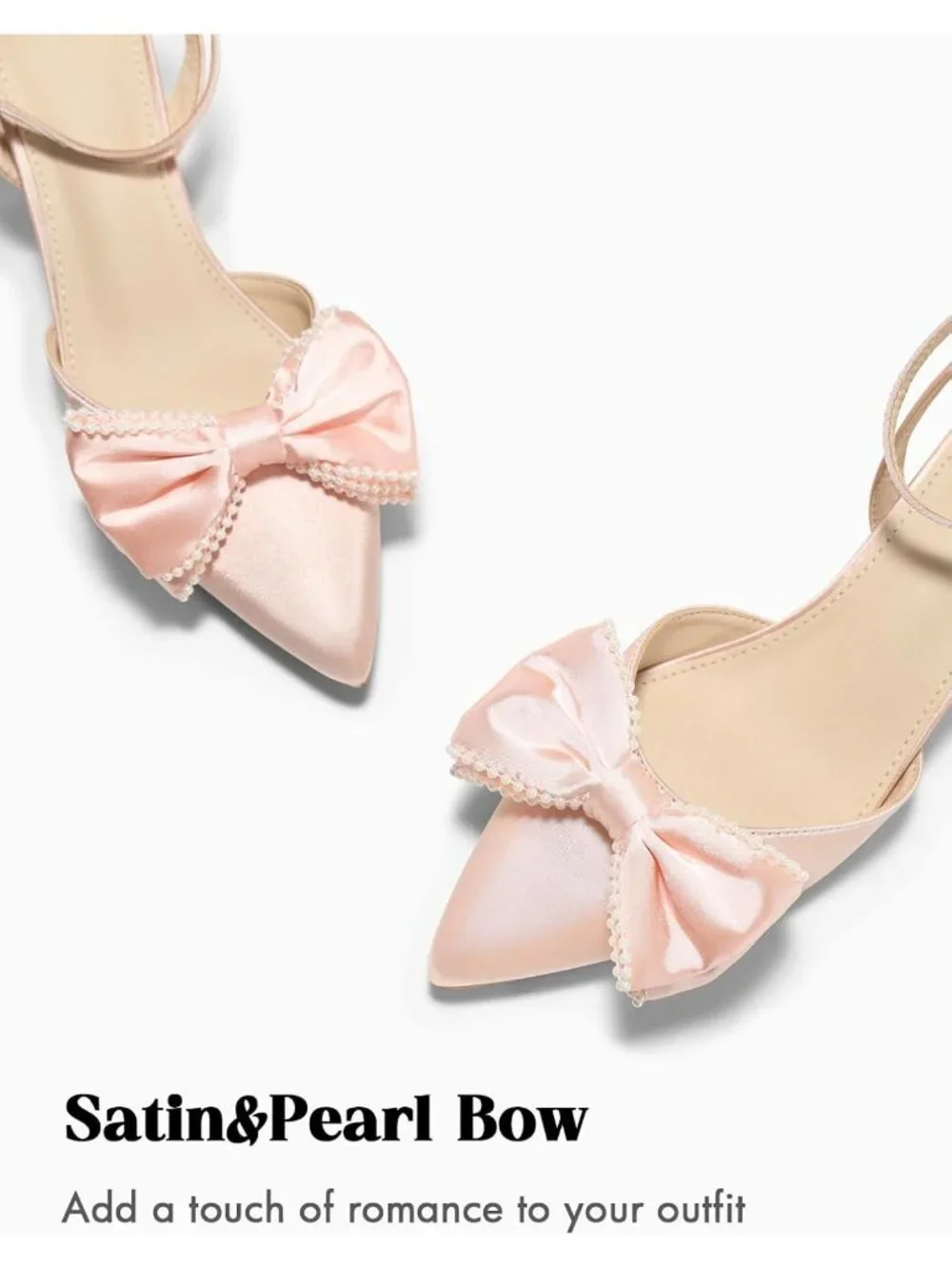 Women's Pink Satin Kitten Low Heels Bow Pearl Closed Pointed Toe Ankle Strap